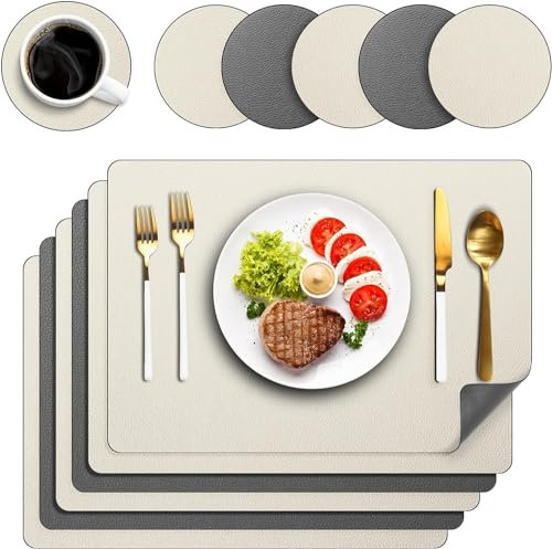 Platzsets Abwaschbar 6er Set, Tischsets Lederoptik Platzdeckchen Abwischbar Doppelseitiges Platzset mit Untersetzer für Küche, Haus, Restaurant, 43x30cm (Beige)