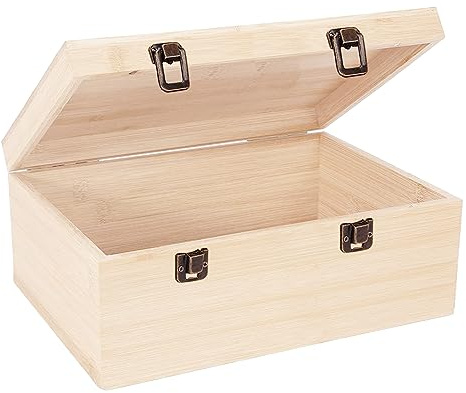 Voittozege Unfinished Wooden Box,12 x 9 x 5 Inch Natural Wood Boxes Large Wooden Box with Hinged Lid and Front Clasp DIY Wood Boxes Craft Stash Boxes for Art Hobbies Gifts and Home Storage