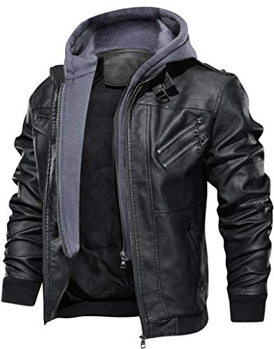 FSFA Veste en Cuir à Capuche pour Hommes d'hiver Chaud Zipper à Manches Longues Trench-Coat Veste Cargo Vintage Col Montant Classique Mi-Longue en Cuir Veste