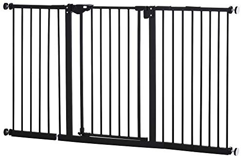 PawHut Barrera de Seguridad para Perros Extensible 74-147,5 cm, para Puertas y Escaleras, Barrera para Perros con Montaje a Presión, Doble Bloqueo y 3 Extensiones 17,5/20,3/30,5 cm, Negro