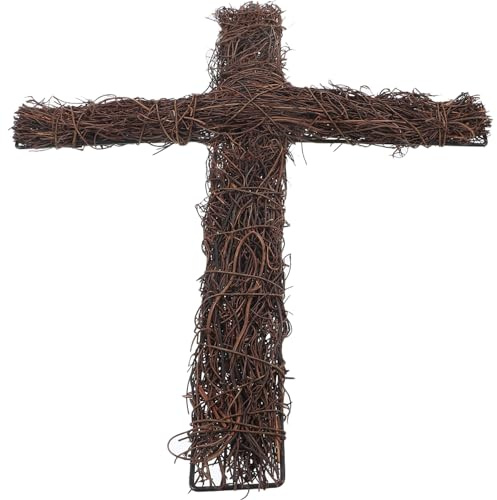 Veemoon Cross Shape Grapevine Wreath, Easter Rattan Cross Wreath Natural Vine Branch Form Rustic DIY Garland for Easter Religious Wedding Garden Church Hanging Decor
