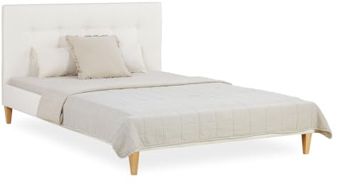 Homestyle4u Polsterbett 140x200 mit Lattenrost - Bouclé Beige | Gepolstertes Doppelbett mit hohem Kopfteil, Holzfüße in Eiche-Optik, Liegefläche 140 x 200 cm