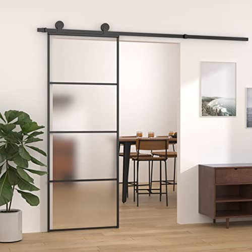 Homgoday Puerta corredera de cristal esmerilado ESG de aluminio 76 x 205 cm negra, puerta corredera interior, puertas correderas de interior, separador para ambientes biombo de interior