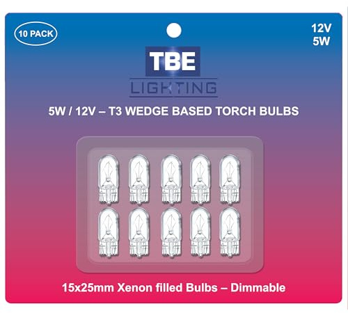 TBE LIGHTING Replacement 12 Volt, 5w T3 1/4 Wedge Base Xenon Bulbs, Pack of 10 Low Voltage Wedge Base Bulbs W5W for Landscape, RV and Cabinet Lighting T10 Dimmable Clear Bulb.