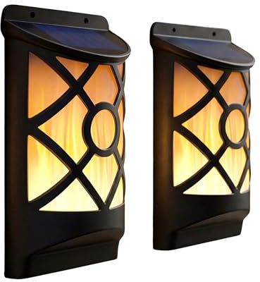 GEEZY Flame Effect Solar Wall Lights, Set of 2 - Wall Mounted LED Torch Lamp with Flickering Flame - Water & Weatherproof Auto Dusk to Dawn Outdoor Lighting for Garden, Fence, Patio & Alley