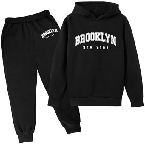 SoLu DAY8 Boys Tracksuit Set Letter Printed 3-13 Years Fall Winter Long Sleeve Hoodie Pullover Sweatshirt and Pants Clothing Sets Child Kids Teens 2 Piece Casual Jogging Running (Black, 3-4 Years)