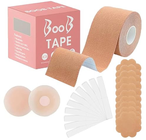 Boob Tape 5M Self-Adhesive Breast Lift Waterproof, Sweatproof Skin-Friendly Invisible Push-Up Bra for Backless, Strapless Includes 2Reusable Nipple Covers,10Woven Covers &10Double-Sided Fashion Strips