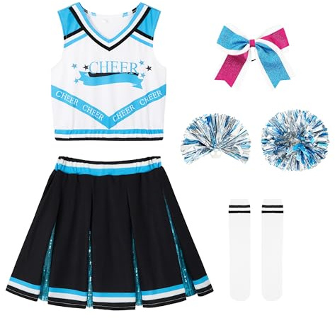 LOLANTA Costume da Ragazza Cheerleader, Bambini Cheerleader Uniforme Outfit con Pompoms Calze, Carnevale o Evento Sportivo Fancy Dress Up per le Ragazze(Lago Blu, 12-13 anni, 160)