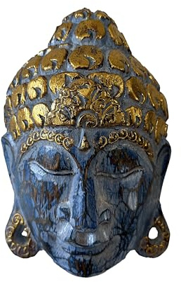 Keskin Buddha Buddha Mask Wooden Buddha Wall Decoration Wooden Wall Decoration Handmade (Bluish - 25cm)
