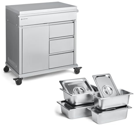 BURNHARD Grill Beistellwagen mit Edelstahl-Arbeitsfläche inkl. Regalboden, Grilltisch, 4 Soft-Close Schubladen, Vollgummi-Rollen – kompatibel mit Earl & FRED Gasgrills