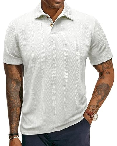 Poloshirt Herren Kurzarm Textur Strickshirts Klassische Baumwolle Golf Pullover Sommer Poloshirts Männer Knopfleiste Polohemd Weiß L