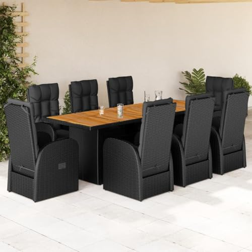 WKIEQACO Outdoor Outdoor Furniture Sets,9 Piece Garden Dining Set with Cushions Black Poly Rattan