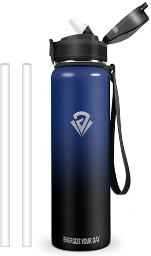 Vikastar Botella Termica, 1 Litro sin BPA, Botella Agua Acero Inoxidable, a Prueba de Fugas, Botella de Agua, Reutilizable, Cantimplora para Deporte, Oficina, Ciclismo, Gimnasio, Azul-Negro