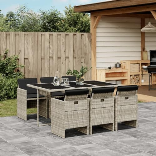 IKAYAA Rattan Gartenmöbel Set mit 6 Gartenstuhl Garten Sitzgruppe 6 Personen Polyrattan Sitzgruppe Essgruppe Outdoor Sitzgarnitur Gartengarnitur Rattanmöbel -Hellgrau-7-tlg-Typ 2