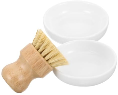 HOLIDYOYO Wok Scrubbing Brush and Kitchen Cleaning Brush Set with Wood Handle for Dish Washing Includes 2 Ceramic Draining Dishes Suitable for Cookware and Kitchen Use