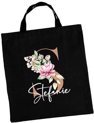 Einkaufstasche personalisiert mit Namen & Initialen - Stofftasche, Stoffbeutel, Tragetasche - Geschenk für Frauen, Kollegen, Freundin - Schwarz, 38x42 cm, 100% Baumwolle, kurzer Henkel