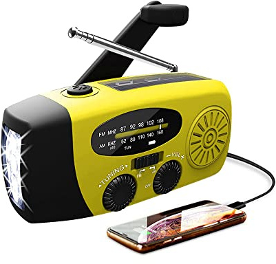ACAGALA Radio de Emervgencia con Manivela y Carga Solar 1200mAh - Radio Am/FM Portátil, Linterna LED Multifunción, Banco de Energía y Cargador para Móviles - Equipo Esencial para Camping, Senderismo