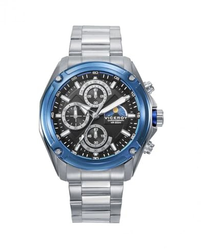Viceroy Reloj Hombre 401443-57 – Cronógrafo Deportivo, Caja de Acero Bicolor IP Azul, Esfera Negra, Brazalete de Acero, 44 mm, 20 ATM