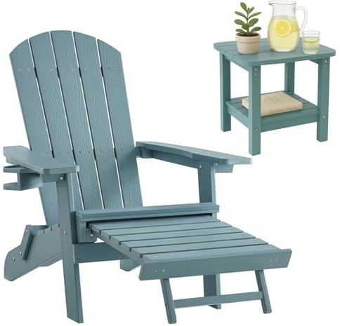 Ogarden Adirondack Loungesessel Arizona, Mit Fußschemel, Getränkehalter, Hips Kunststoff, Holz-Optik - für Balkon, Terrasse, Rasen, Kamin (Grün mit Beistelltisch)