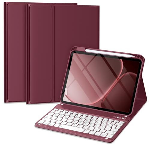 Vobafe Hülle mit Tastatur für iPad A16 11/10 Generation 2025/2022 | 10,9/11 Zoll, Magnetisch Abnehmbare Bluetooth Tastatur mit Aktualisierte Tastenkappe, mit Stifthalter, Weinrot