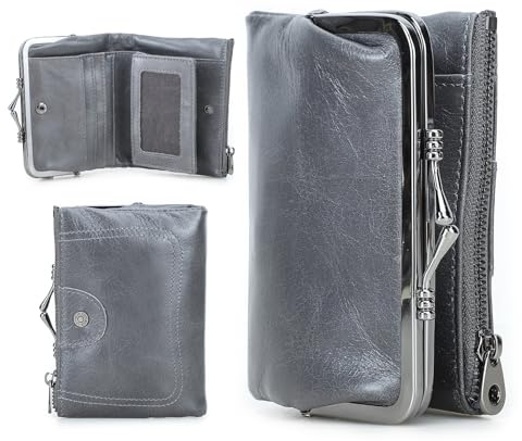 Contacts RFID da donna con blocco bacio, portafoglio pieghevole in vera pelle tasca cerniera, porta carte di credito, piccola frizione con finestra ID, grigio, Rétro