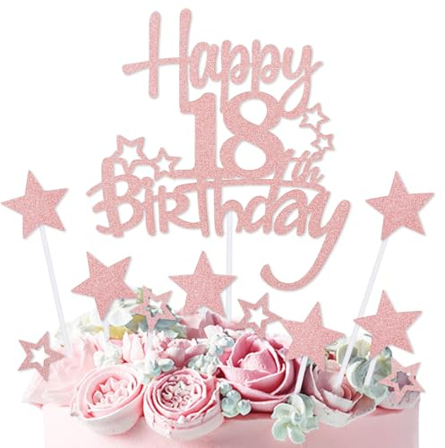 mciskin Rose Gold Happy 18th Birthday Cake Toppers,18th Birthday Decorations for Girls,Personalised Cake Topper Rose Gold Glitter Star Cupcake Toppers for Girls Women Party Decorations Supplies