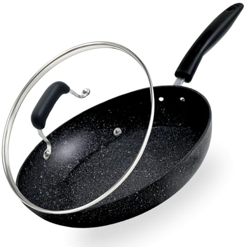 ml MassAri Limited Non Stick Frying Pan with Lid Black Granite Marble Coated Soft Grip Handle Dishwasher Safe Suitable for All Stoves (30CM Granite Pan with Lid)
