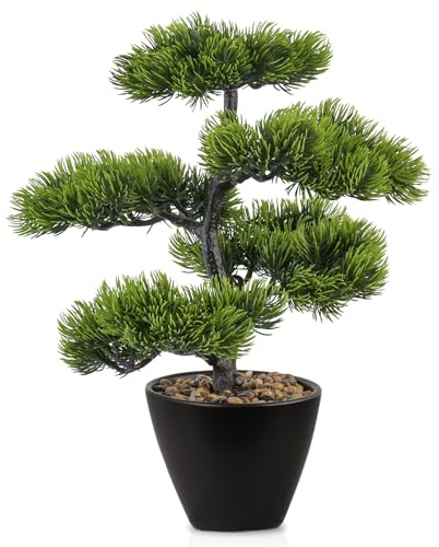 GOVIRAYE 33 cm Japanische Bonsai Kiefer, Künstlicher Bonsaibaum wie echt im Schwarzen Keramiktopf, Kunstpflanze Pflegeleicht für Büro, Desktop, Fensterbank & Wohnzimmer