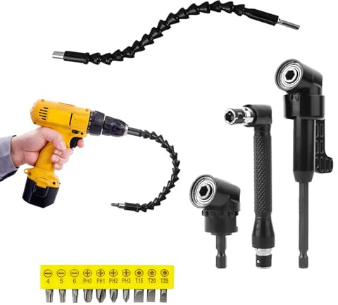 FxlStelrion 4 Pezzi Trapano Mandrino Avvitatore Angolare Kit, Trapano Angolare, Prolunga Avvitatore,105° adattatore per Cacciavite, 1/4 Porta Inserti per avvitatore Punte Adattatore