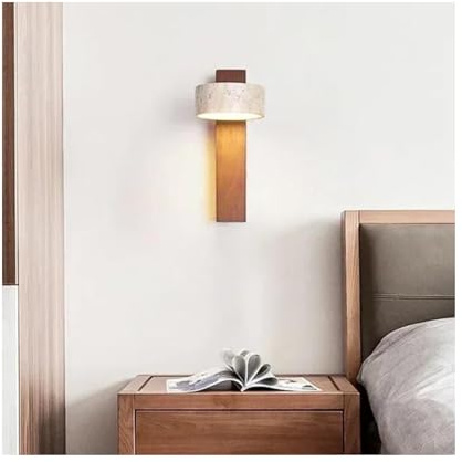 Japanische drehbare Holz-Wandlampe, 180 ° Vintage, natürliches gelbes Travertin-Steinlicht, mit Zugschnurschalter für Schlafzimmer/Balkon/Nachttisch (Holzfarbe, warmes Licht)