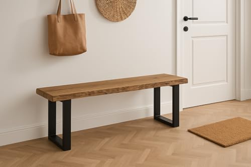 Generisch WE24 Massivholz Esszimmerbank mit Baumkante | Sitzbank Esszimmer ohne Lehne | Eiche rustikal, Schwarze Metallbeine | Loftmöbel Industrial Design