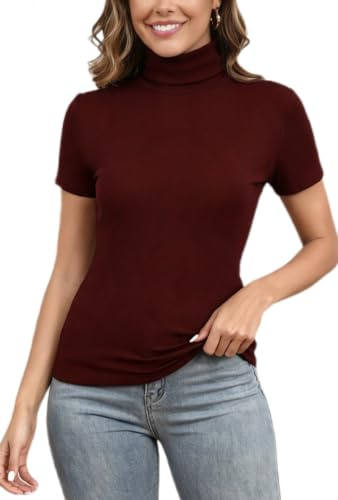 Damtröja med polokrage strumpa lättstickad body kortärmad t-shirt modern smal topp ståkrage baströja ull vintage chic vinter höst vår, Bordeaux, M
