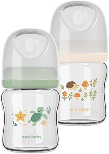 ana baby Set med 2 flaskor av rent glas, BPA-fri borosilikatglas, babyflaskor med mjuka silikonnappar, ventilerat anti-koliksystem, havs- och skogsmotiv (120 ml x 2)