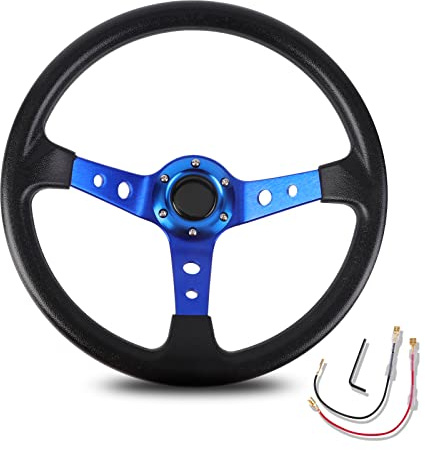 Sportlenkrad 350mm Racing Lenkrad Universal Drifting Deep Dish Sports 6 Bolzen Griff Vinylleder mit Hornknopf(Blue)