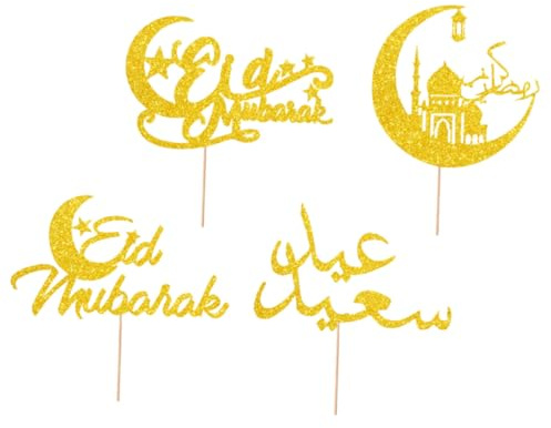FUNOMOCYA 4 Stück Eid Kuchenspieße aus Papier mit Islamischem Design Cupcake Topper für Partydekoration und Dessert Kuchendeko