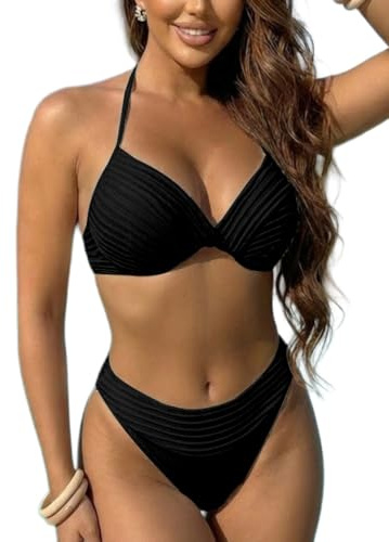SKAYS Women's Push-Up Underwire Bikini Set Twist Knot Halter Neck High Waist Sexy Tummy Control Swimsuit Black L