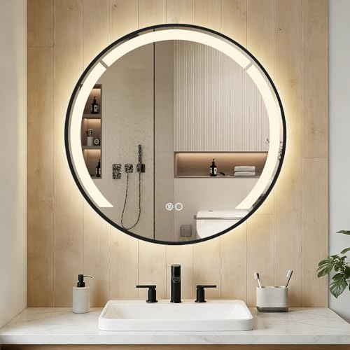 COSTWAY Rund Spegel med Belysning, Badrumsspegel 60 cm Diameter med Imskyddsfunktion, 3 Ljusfärger och Justerbar Ljusstyrka, Väggspegel för Badrum