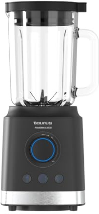 Taurus - Batidora de Vaso de Alta Potencia 2000 W | Jarra de Cristal 1,8 L | Cuchillas de Acero Inoxidable Extraíbles | 2 Funciones Automáticas + Turbo | Sistema de Seguridad | Libre de BPA