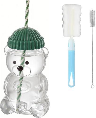 Bicchiere Vetro con Cannuccia e Coperchio, 550ml Bicchiere Matcha Carino a Forma di Orsetto, Tazza da Latte, Bicchiere per Bubble Tea con Tappo a Cappello, Include Spazzole per Pulizia