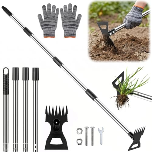 Hoe Garden Tool Long Handle, 2 in 1 Weed Remover Tool Rake & Hoes, Adjustable 42-148CM Heavy Duty Weeding Puller Stainless Steel for Yard, Lawn, Patio, Garden