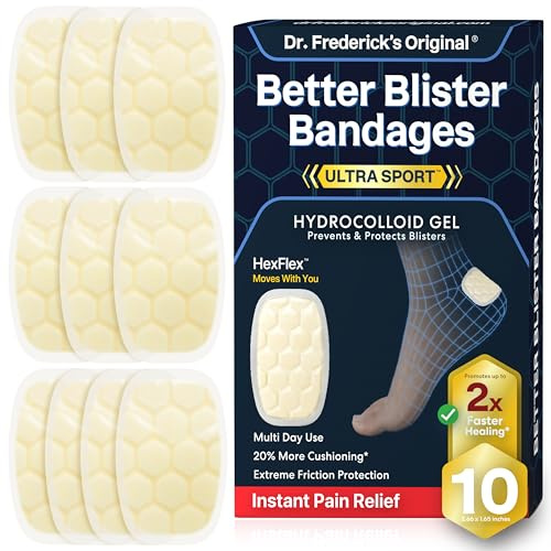 Dr. Frederick's Original Ultra Sport Better Blister Bandages for Feet - 10ct - Heel HexFlex Hydrocolloid Bandages - Ultimate Blister Prevention & Recovery - Waterproof - for Sports & Travel