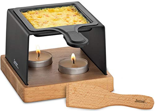 Spring Käse-Raclette Gourmet Party, 1 Pfännchen, Buchenholz-Bodenplatte | Tischgrill aus Buchenholz, mit Spachtel, 2 Teelichter inklusive, für gesellige Käsefondue-Abende, kompakt