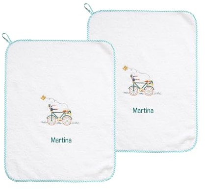 Coccole - Set Asilo 2 Asciugamani Personalizzati Bambini - Set Asilo Personalizzato con Nome in Cotone Anallergico - Asciugamano Asilo Personalizzato Bicicletta Verde