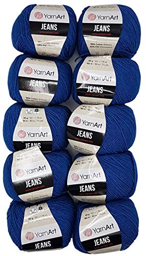 10 x 50 g ull YarnArt jeans enfärgade med 55 % bomull, 500 gram ull, uni (blå 17)