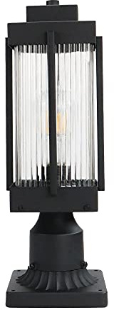 Monkfish Modern Black Outdoor Post Light, Waterproof Exterior Pillar Lamp with Square Base & Cyan Striped Glass Shade, E26 Socket, Weather Resistant Garden Path Light for Patio, Yard, Driveway