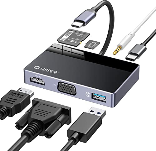 Hub USB C, Orico 7 en 1 USB 3.0 adaptateur, Dock multiport Avec 4K HDMI, VGA, 100W PD, 5Gbps USB - A 3.0×1, 3,5mm Audio×1, SD×1, TF×1, Port USB Compatible con MacBook Pro/MacBook Air