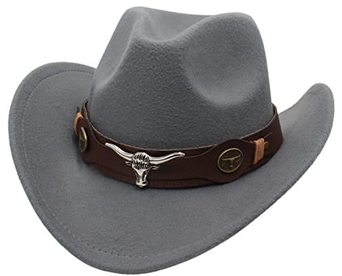 Faringoto Klassischer Damen-Cowboy-Cowgirl-Hut, Filzhut für Herren, grau, One size