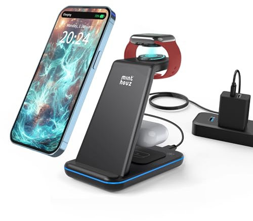Minthouz Wireless Charger, 3 in 1 Fast Wireless Charging Station with 20W Adapter for Multiple Devices Apple Watch, AirPods, Wireless Charger Stand Compatible with iPhone 14/13/12/11 Series, Samsung