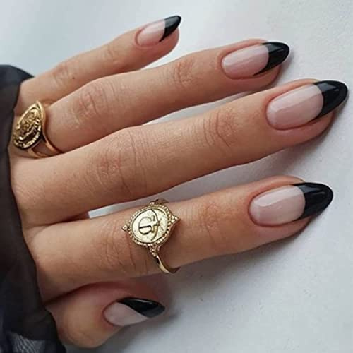 JUSTOTRY 24 Stück Mandel Nägel Zum Aufkleben Kurz, Schwarz French Künstliche Nägel, Glossy Nude Oval Kunstnägel Press on Nails, Acryl Fingernägel Fake Nails Kurz für Frauen