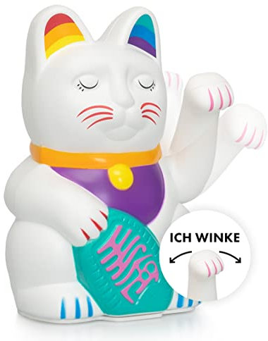 ANGRY CAT Regenbogen Winkekatze - Bunte Lucky Cat in Regenbogen Farben - süße WinkKatze - Katze mit Winke-Arm - dekorative Wackelfigur – Rainbow CAT, 15cm
